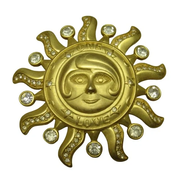 Kirks Folly Gold Tone Sunburst Brooch Crystal Accents